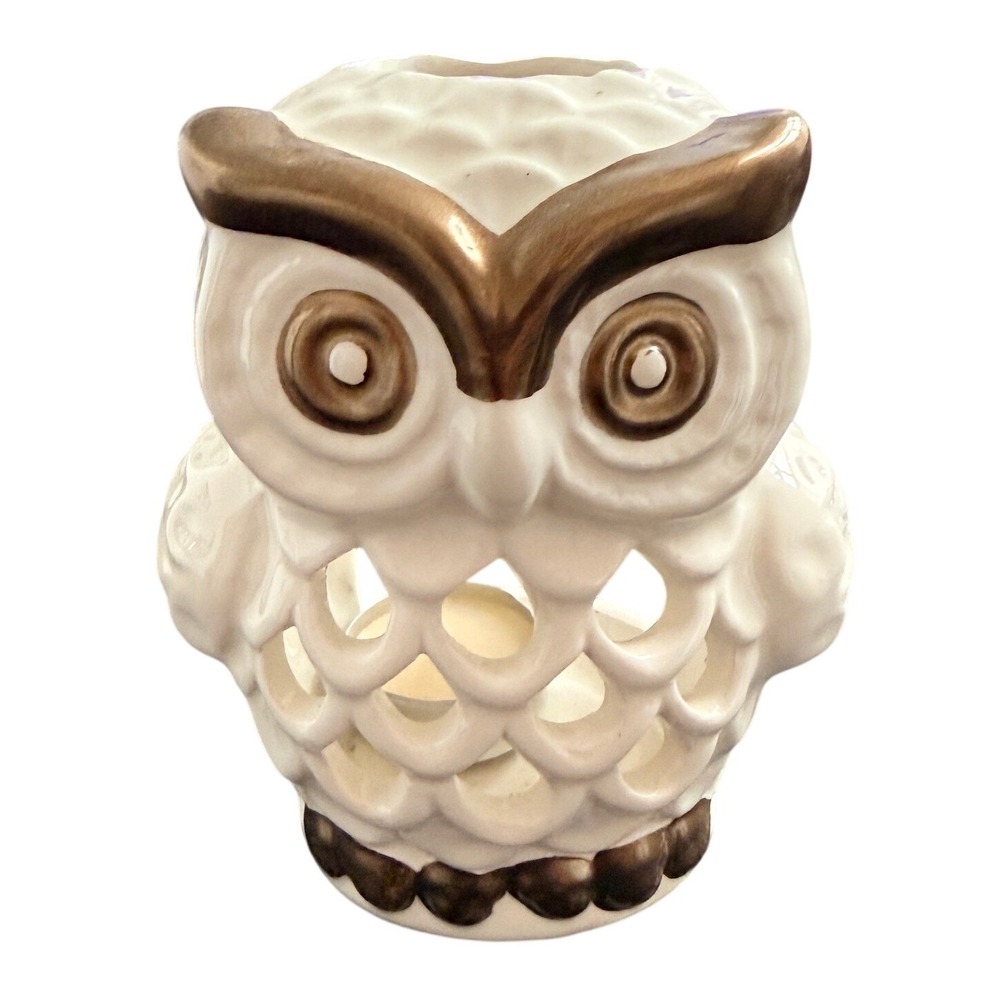 Ceramic Owl Votive Candle Hlder White Bronze Pierced Cutout Decor